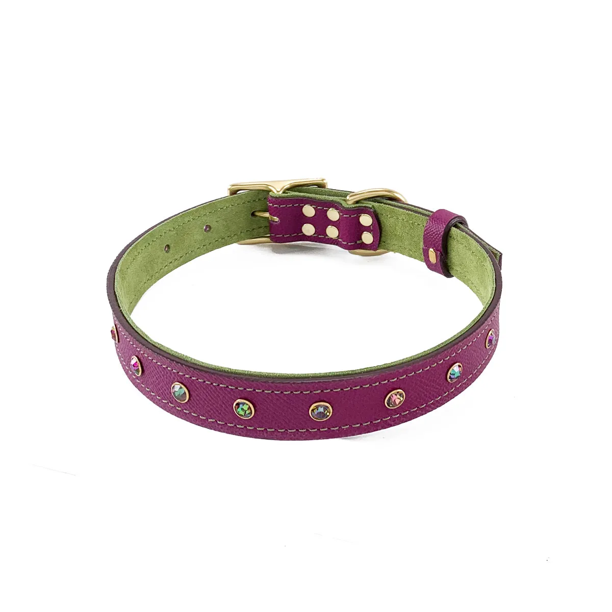 Mardi Gras Classic Rhinestone Leather Dog Collar Amethyst/Basil