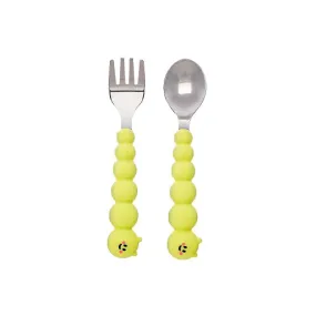 Melii Playful Caterpillar Spoon and Fork Set - Silicone & Stainless Steel Utensils for Toddler and Children, Fun and Durable Dining Experience