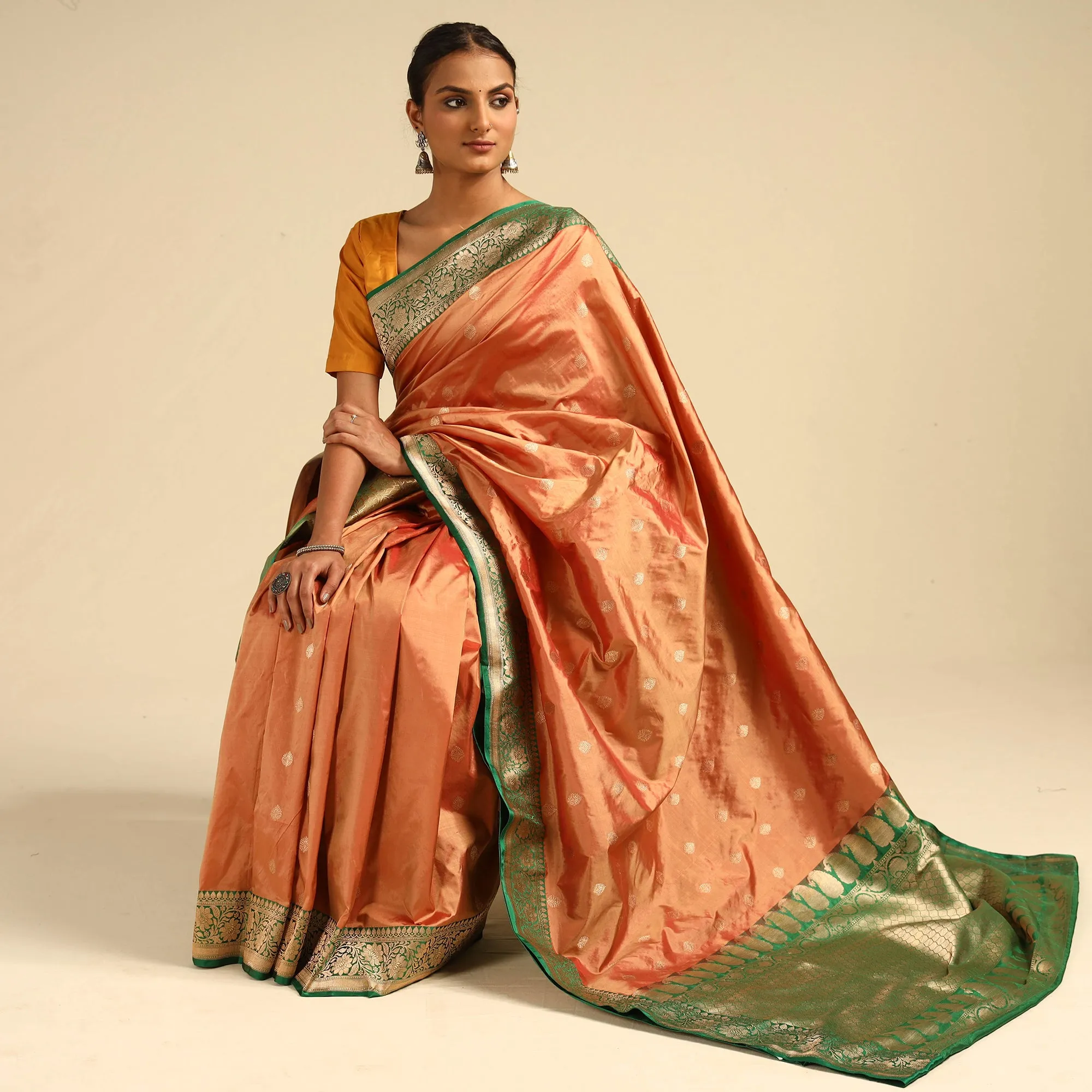 Orange - Banarasi Handloom Pure Katan Silk Kaduwa Zari Buti Saree