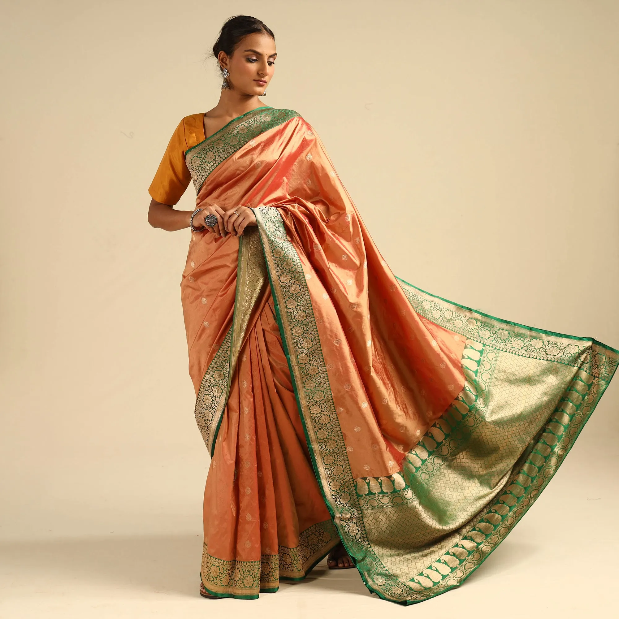 Orange - Banarasi Handloom Pure Katan Silk Kaduwa Zari Buti Saree