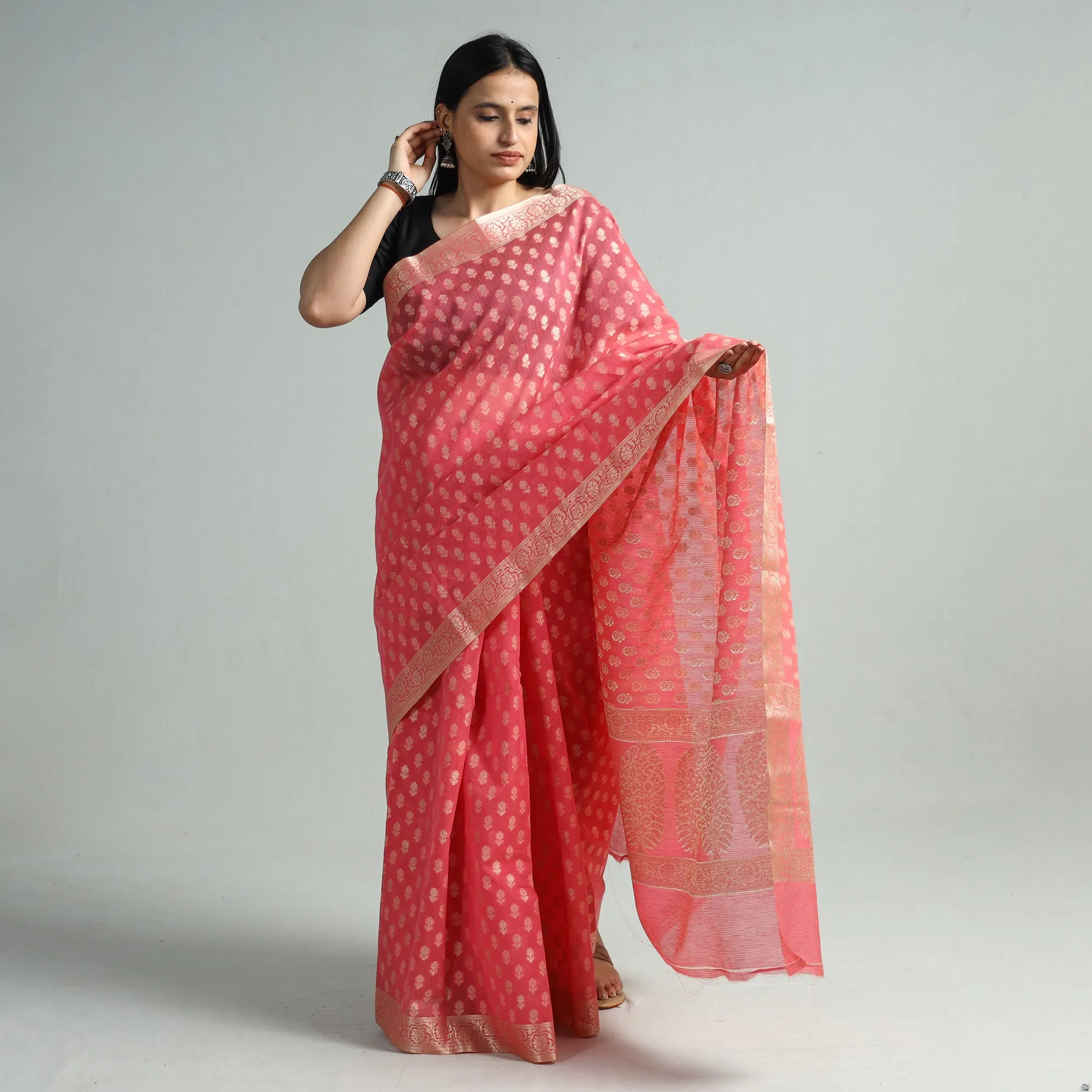 Pink - Banarasi Silk Cotton Cutwork Zari Buti Saree 58