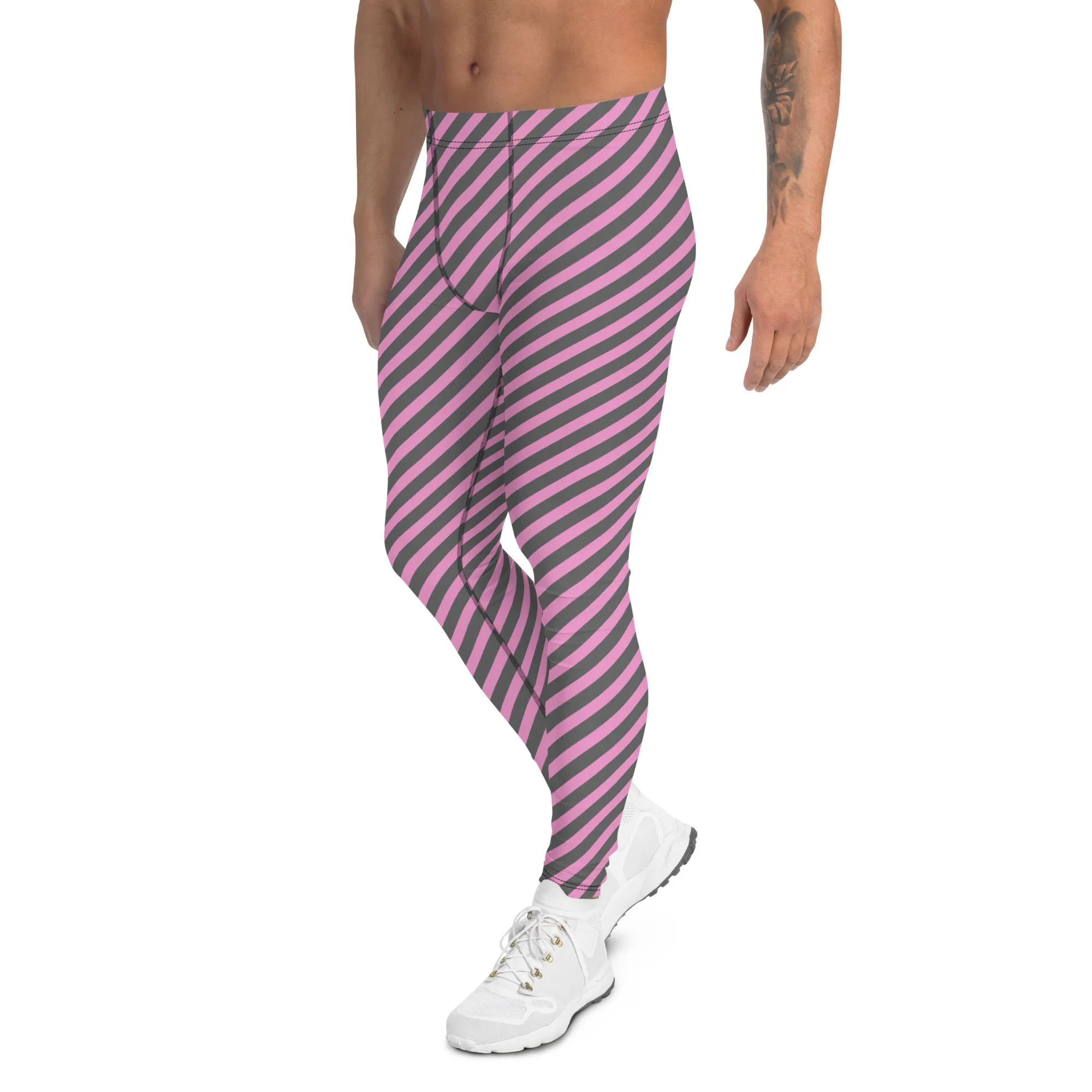 Pink Grey Diagonal Striped Meggings, Colorful Best Compression Tights For Men - Made in USA/EU/MX