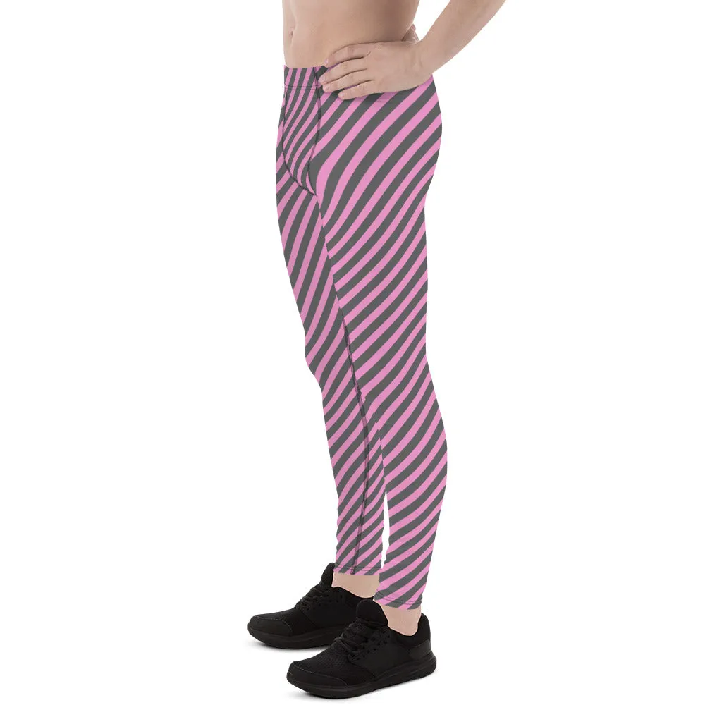 Pink Grey Diagonal Striped Meggings, Colorful Best Compression Tights For Men - Made in USA/EU/MX