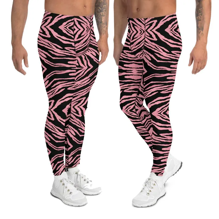 Pink Striped Men's Leggings, Bright Zebra Animal Print Meggings Run Tights-Made in USA/EU