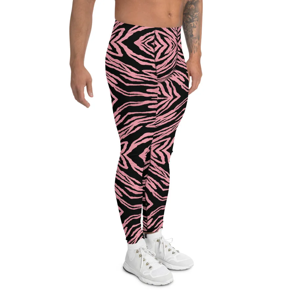 Pink Striped Men's Leggings, Bright Zebra Animal Print Meggings Run Tights-Made in USA/EU