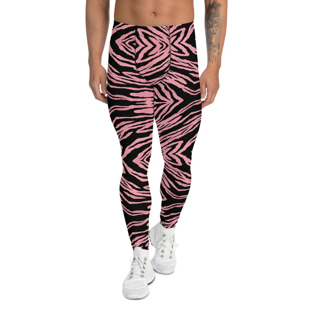 Pink Striped Men's Leggings, Bright Zebra Animal Print Meggings Run Tights-Made in USA/EU