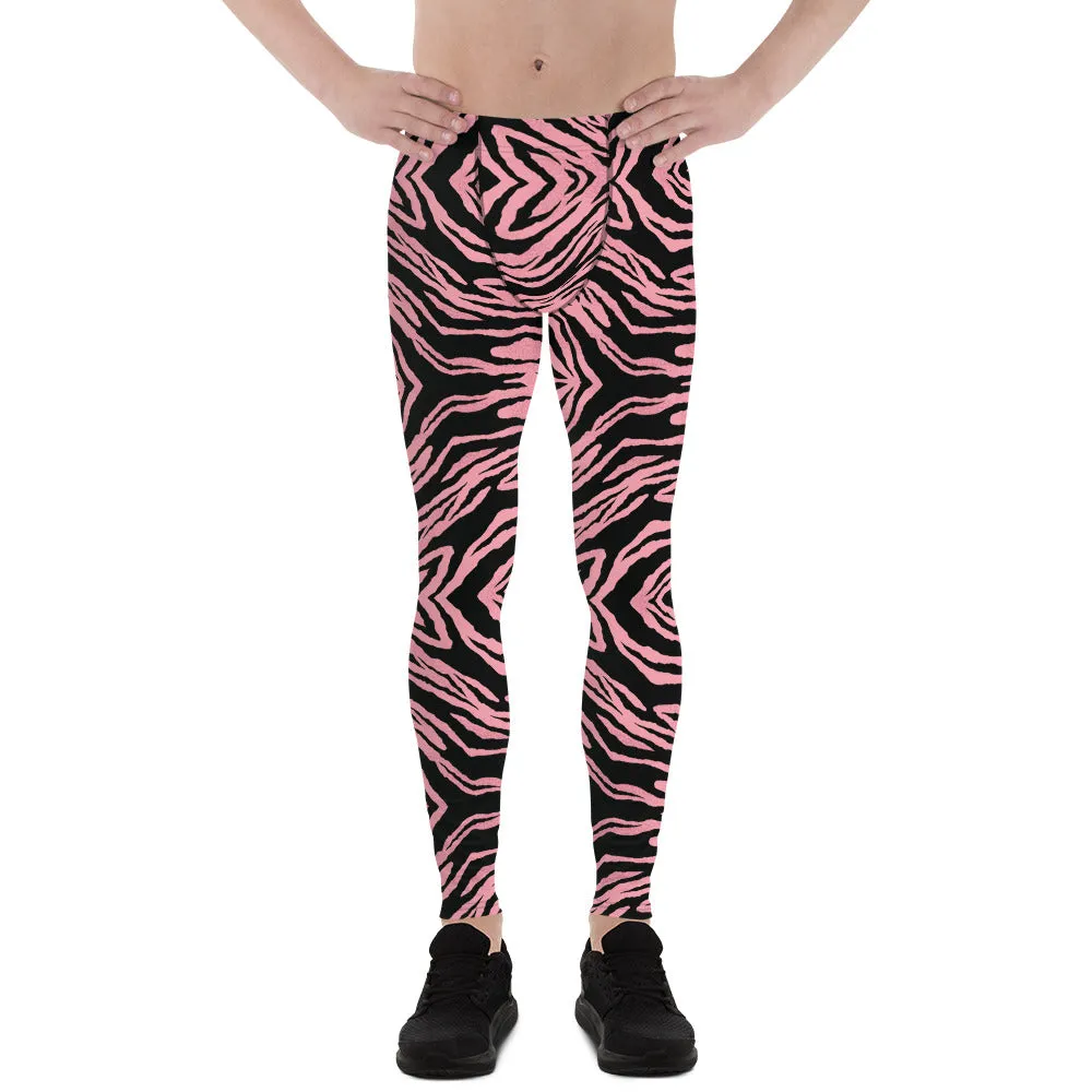 Pink Striped Men's Leggings, Bright Zebra Animal Print Meggings Run Tights-Made in USA/EU