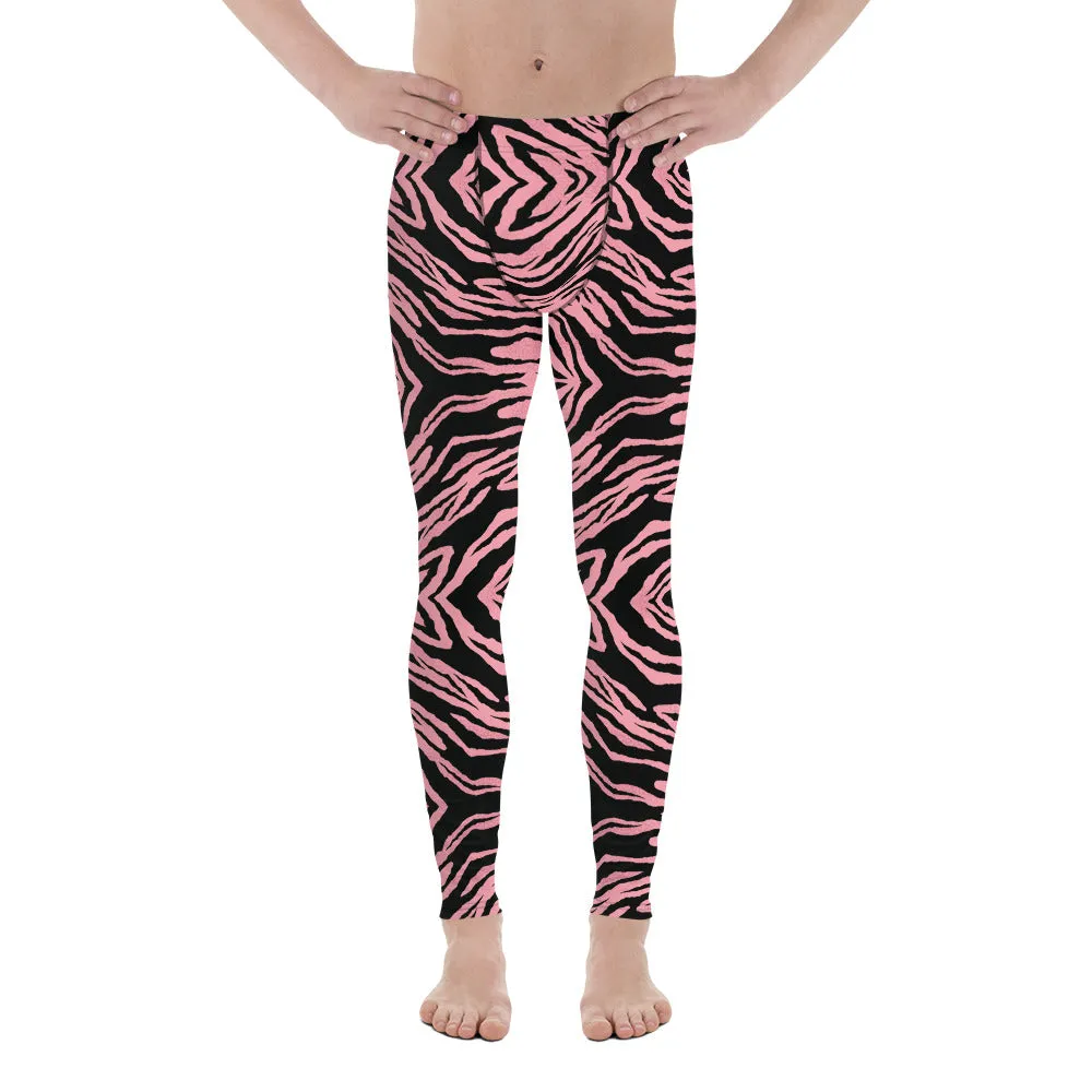 Pink Striped Men's Leggings, Bright Zebra Animal Print Meggings Run Tights-Made in USA/EU