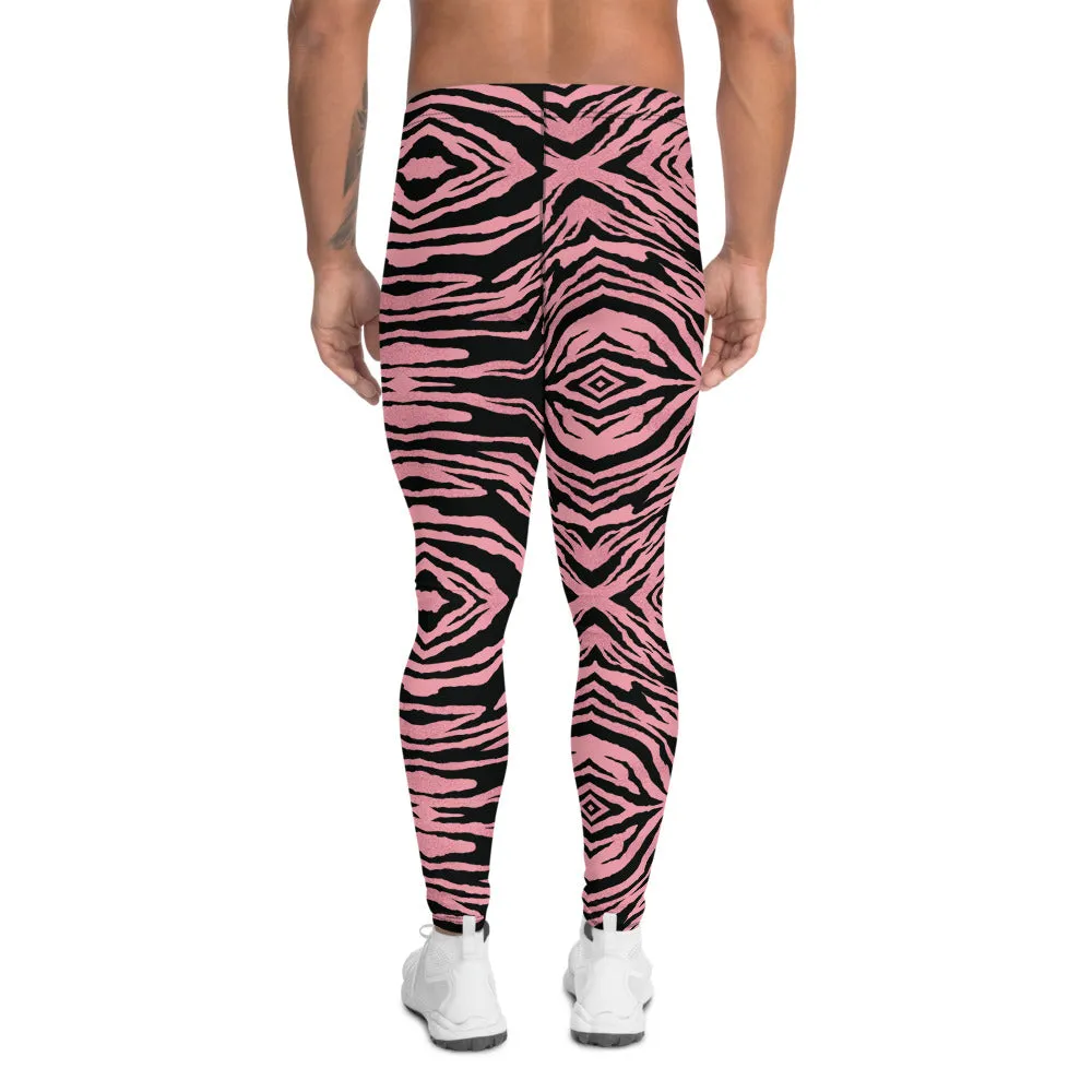 Pink Striped Men's Leggings, Bright Zebra Animal Print Meggings Run Tights-Made in USA/EU