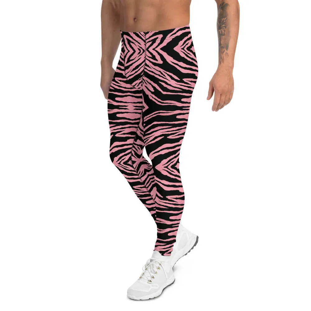 Pink Striped Men's Leggings, Bright Zebra Animal Print Meggings Run Tights-Made in USA/EU