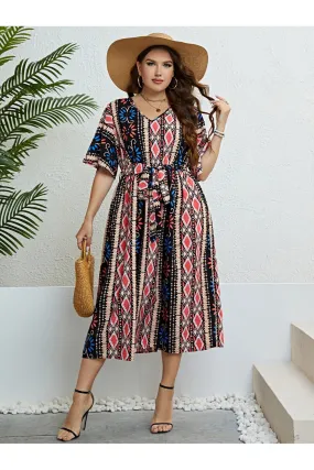 Plus Size Bohemian V-Neck Tie Belt Midi Dress