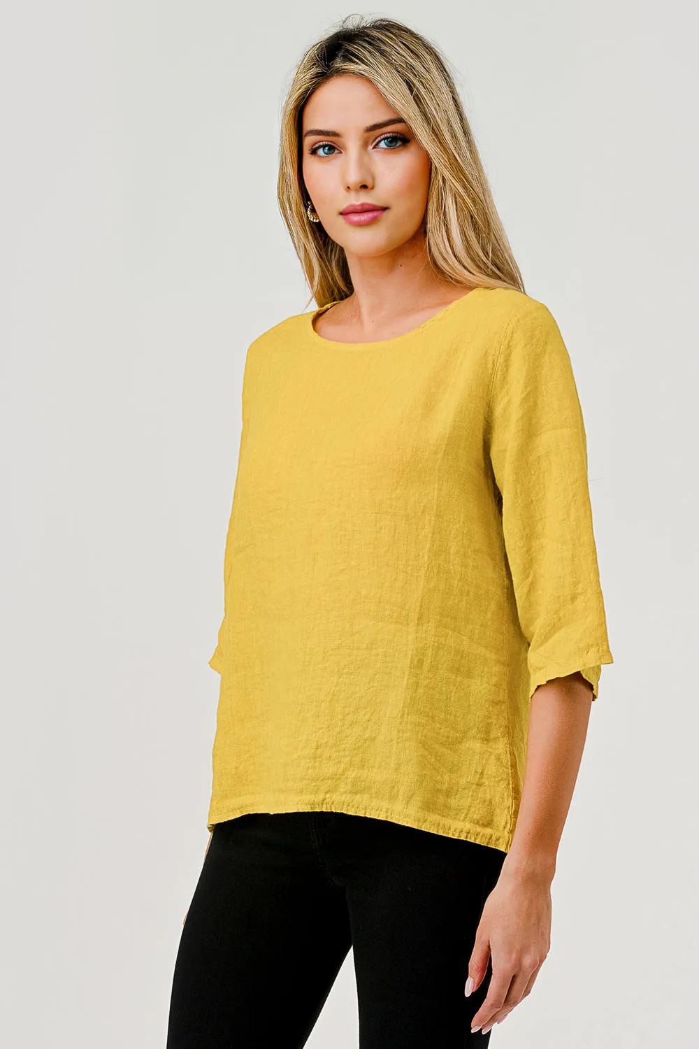 Raw Moda Short Sleeves Back Button Linen Top