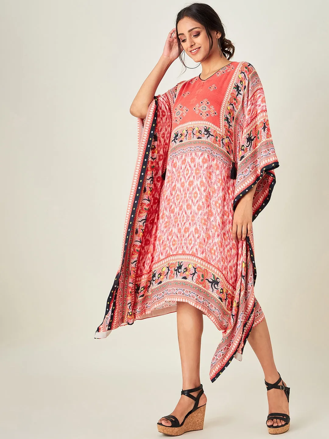 Red Boho Ikkat Kaftan Dress (Final Sale)