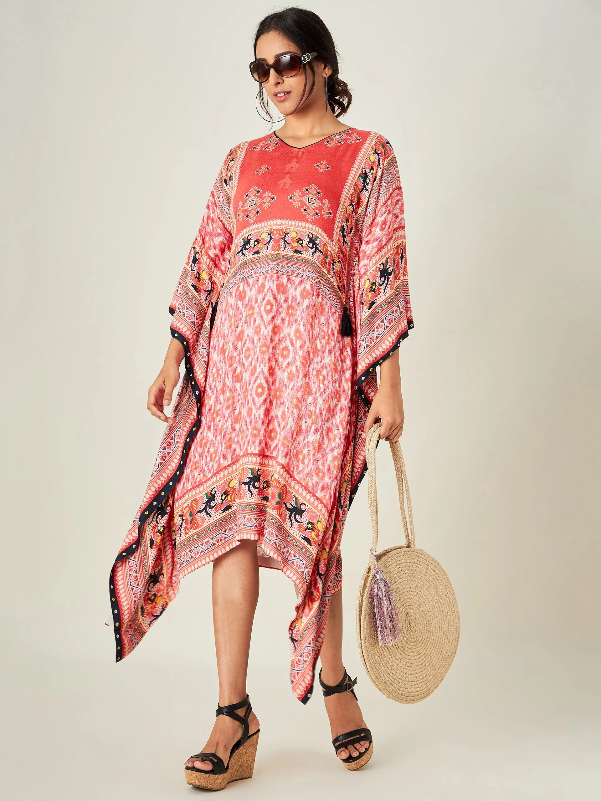 Red Boho Ikkat Kaftan Dress (Final Sale)