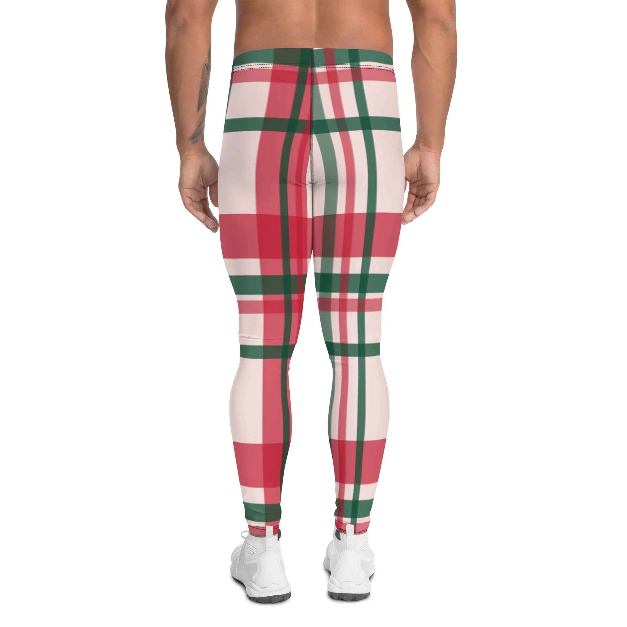 Red Green Plaid Print Meggings, Red Green Christmas Tartan Style Men's Leggings Running Tights-Made in USA/EU/MX