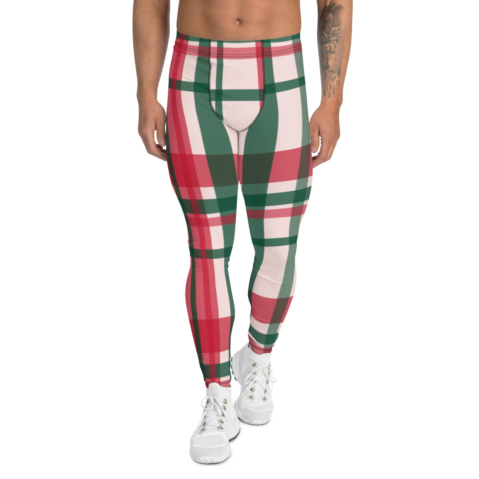 Red Green Plaid Print Meggings, Red Green Christmas Tartan Style Men's Leggings Running Tights-Made in USA/EU/MX