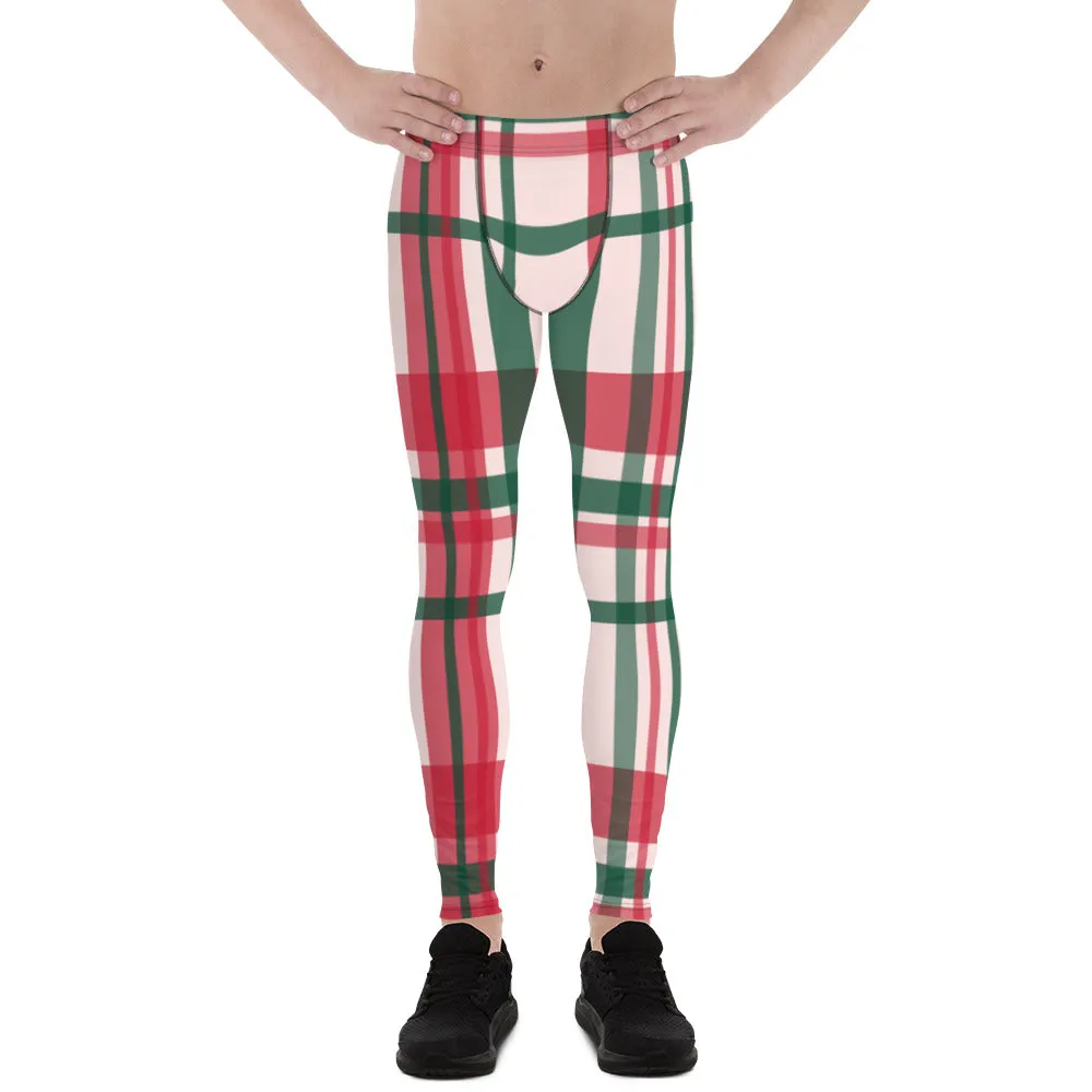 Red Green Plaid Print Meggings, Red Green Christmas Tartan Style Men's Leggings Running Tights-Made in USA/EU/MX