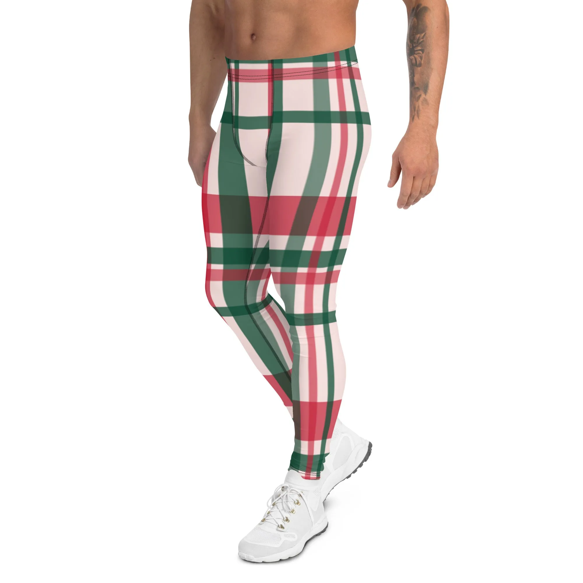 Red Green Plaid Print Meggings, Red Green Christmas Tartan Style Men's Leggings Running Tights-Made in USA/EU/MX