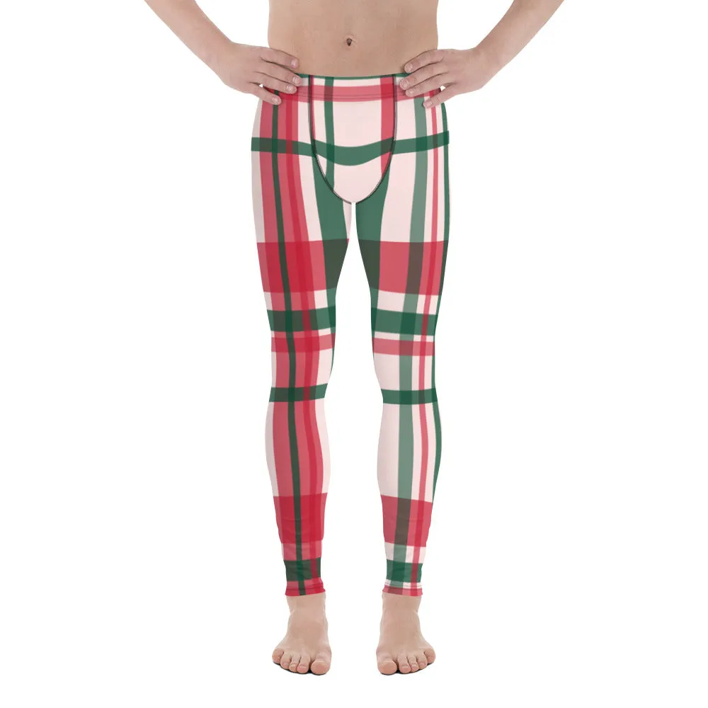 Red Green Plaid Print Meggings, Red Green Christmas Tartan Style Men's Leggings Running Tights-Made in USA/EU/MX