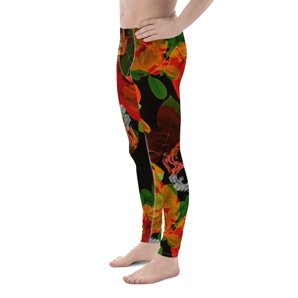 Rose Skulls Print Men's Leggings, Rose Skull Leggings, Skull Leggings Men - Made in USA/EU/MX