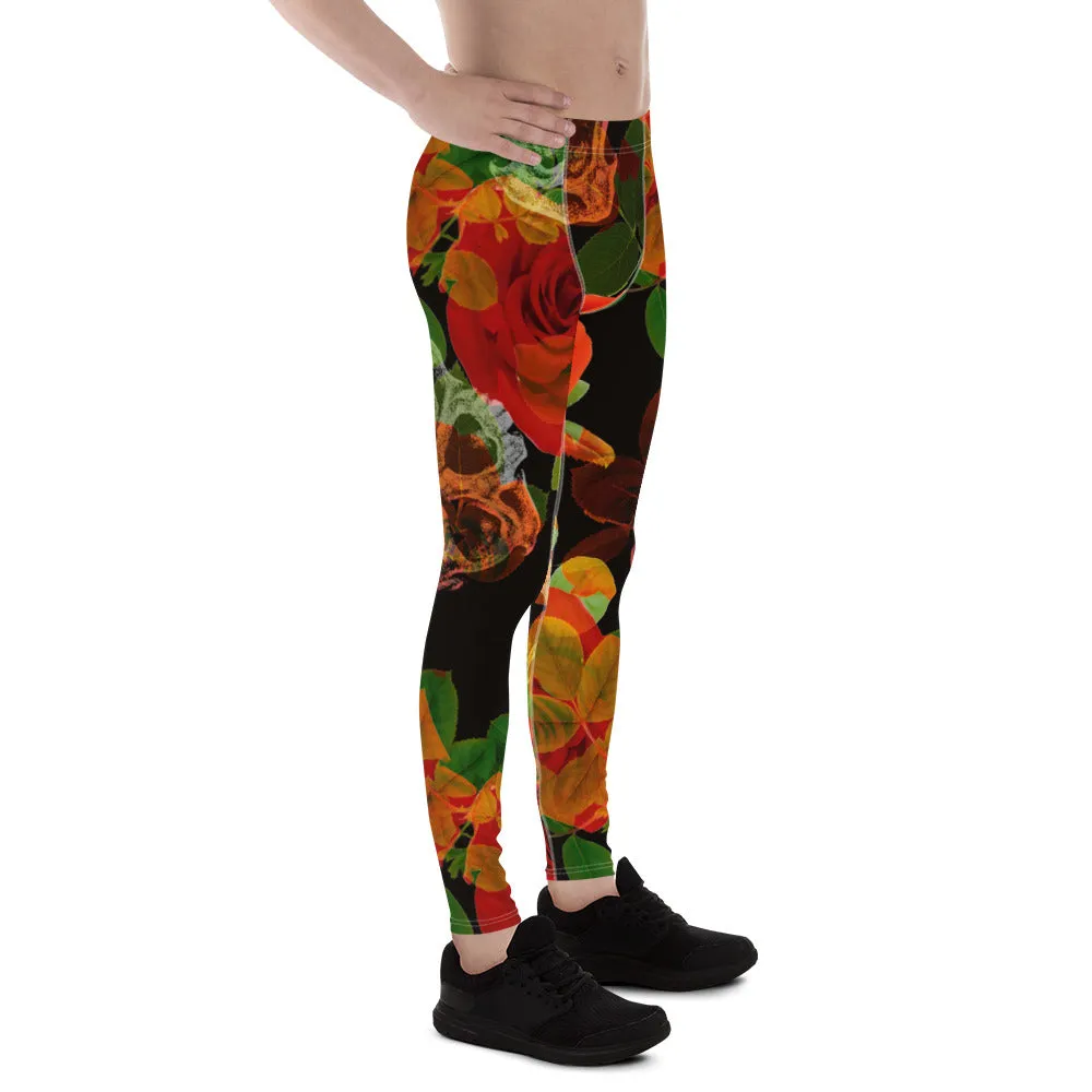 Rose Skulls Print Men's Leggings, Rose Skull Leggings, Skull Leggings Men - Made in USA/EU/MX