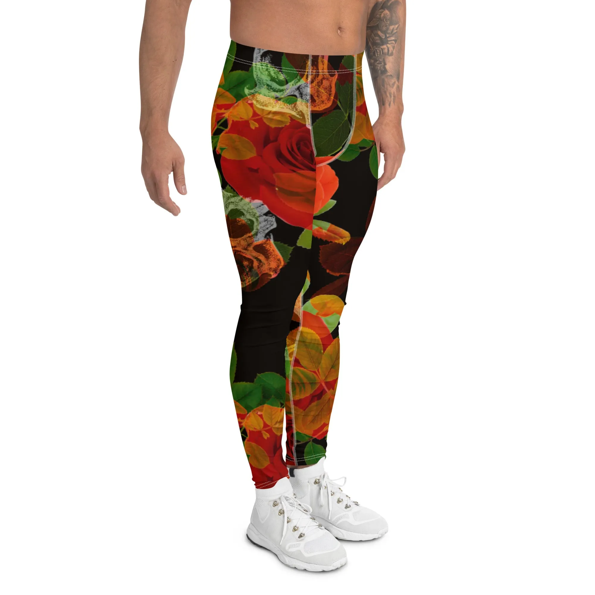 Rose Skulls Print Men's Leggings, Rose Skull Leggings, Skull Leggings Men - Made in USA/EU/MX