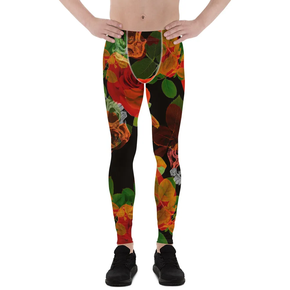 Rose Skulls Print Men's Leggings, Rose Skull Leggings, Skull Leggings Men - Made in USA/EU/MX