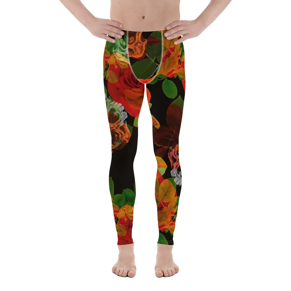 Rose Skulls Print Men's Leggings, Rose Skull Leggings, Skull Leggings Men - Made in USA/EU/MX