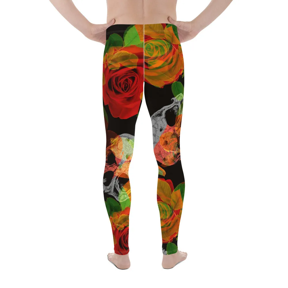 Rose Skulls Print Men's Leggings, Rose Skull Leggings, Skull Leggings Men - Made in USA/EU/MX