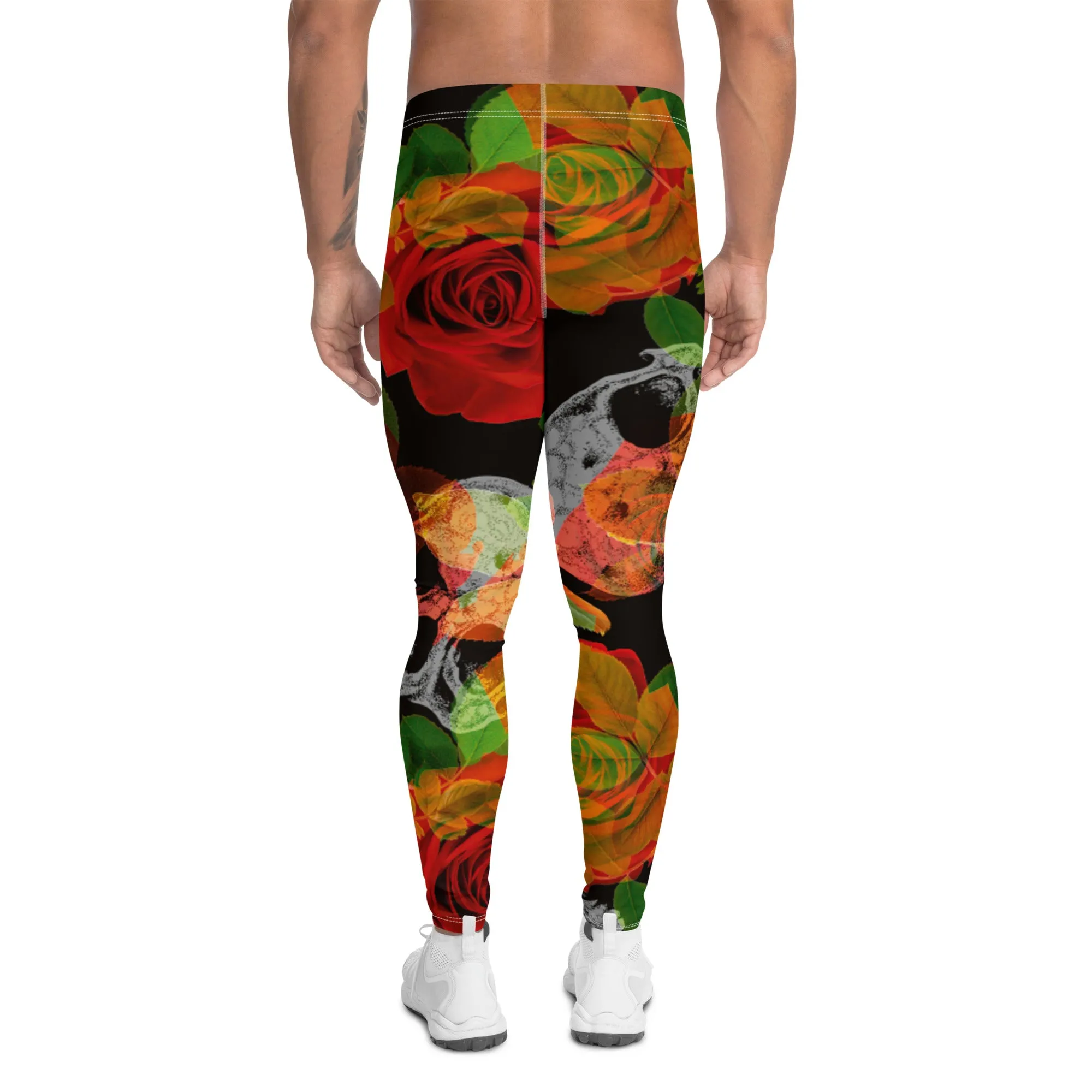 Rose Skulls Print Men's Leggings, Rose Skull Leggings, Skull Leggings Men - Made in USA/EU/MX