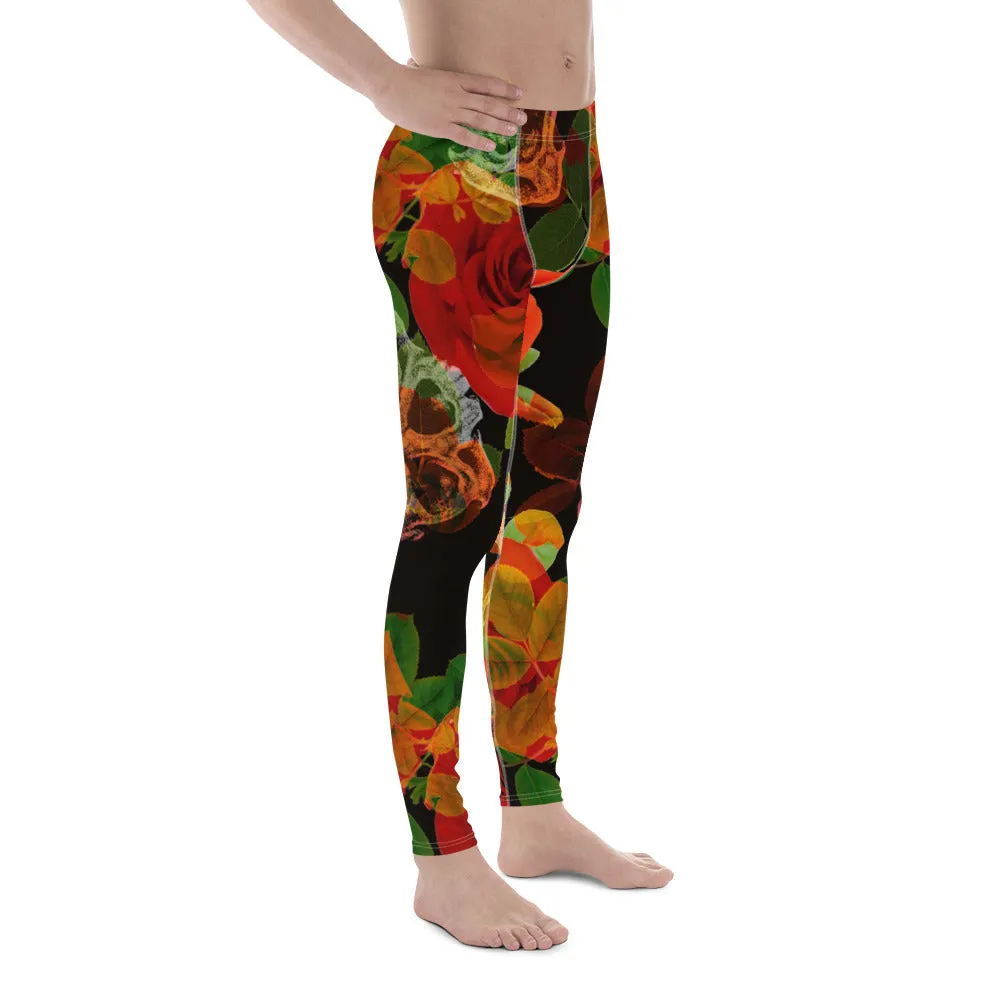 Rose Skulls Print Men's Leggings, Rose Skull Leggings, Skull Leggings Men - Made in USA/EU/MX