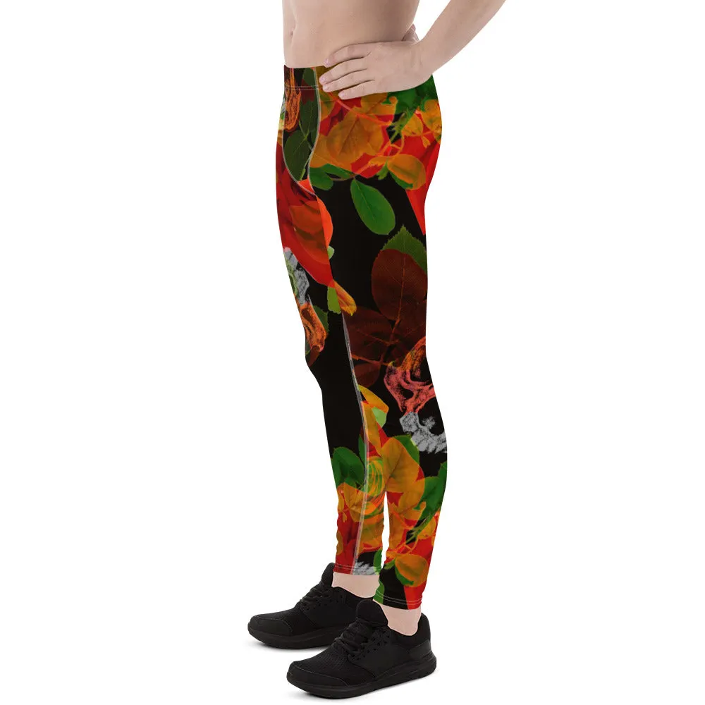 Rose Skulls Print Men's Leggings, Rose Skull Leggings, Skull Leggings Men - Made in USA/EU/MX