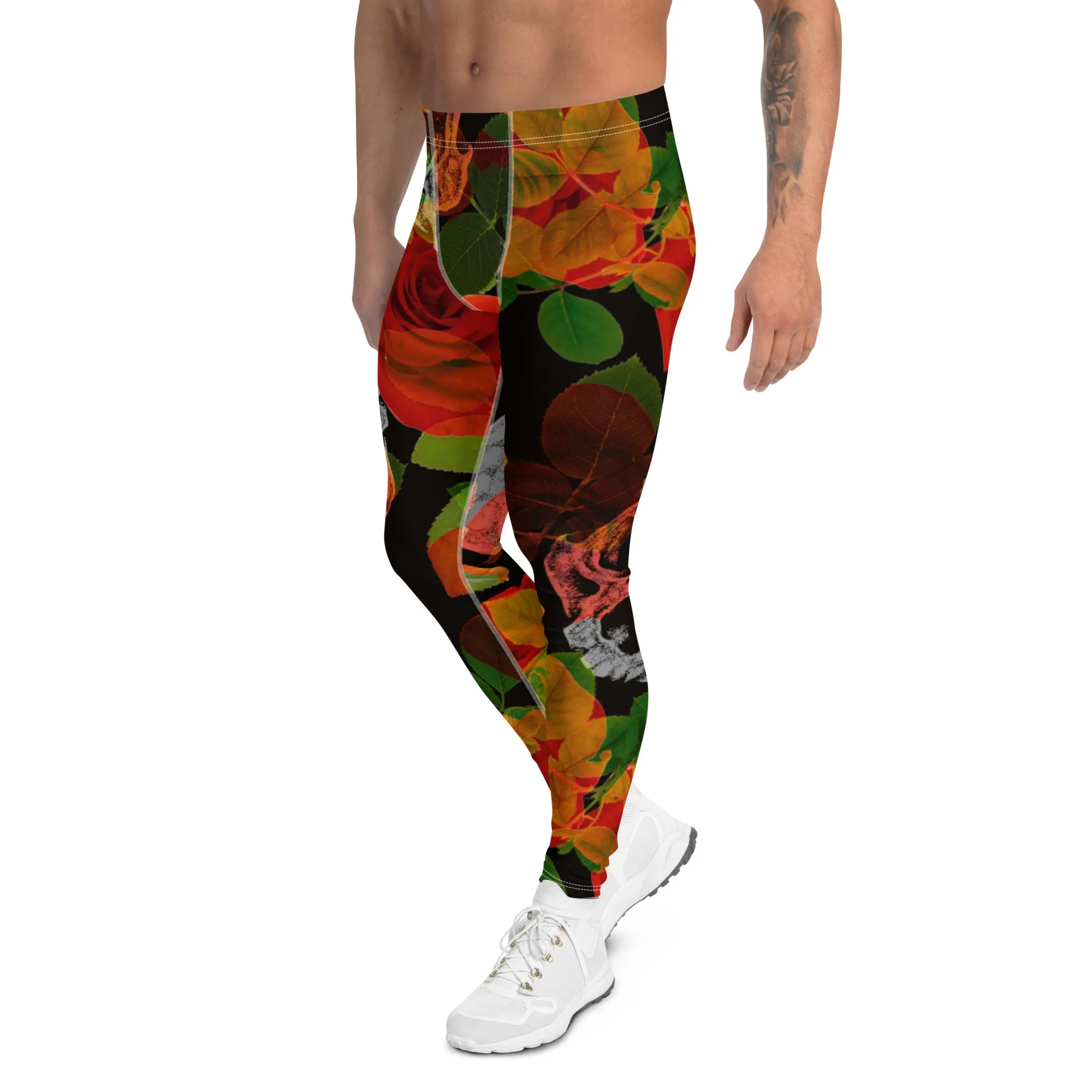 Rose Skulls Print Men's Leggings, Rose Skull Leggings, Skull Leggings Men - Made in USA/EU/MX