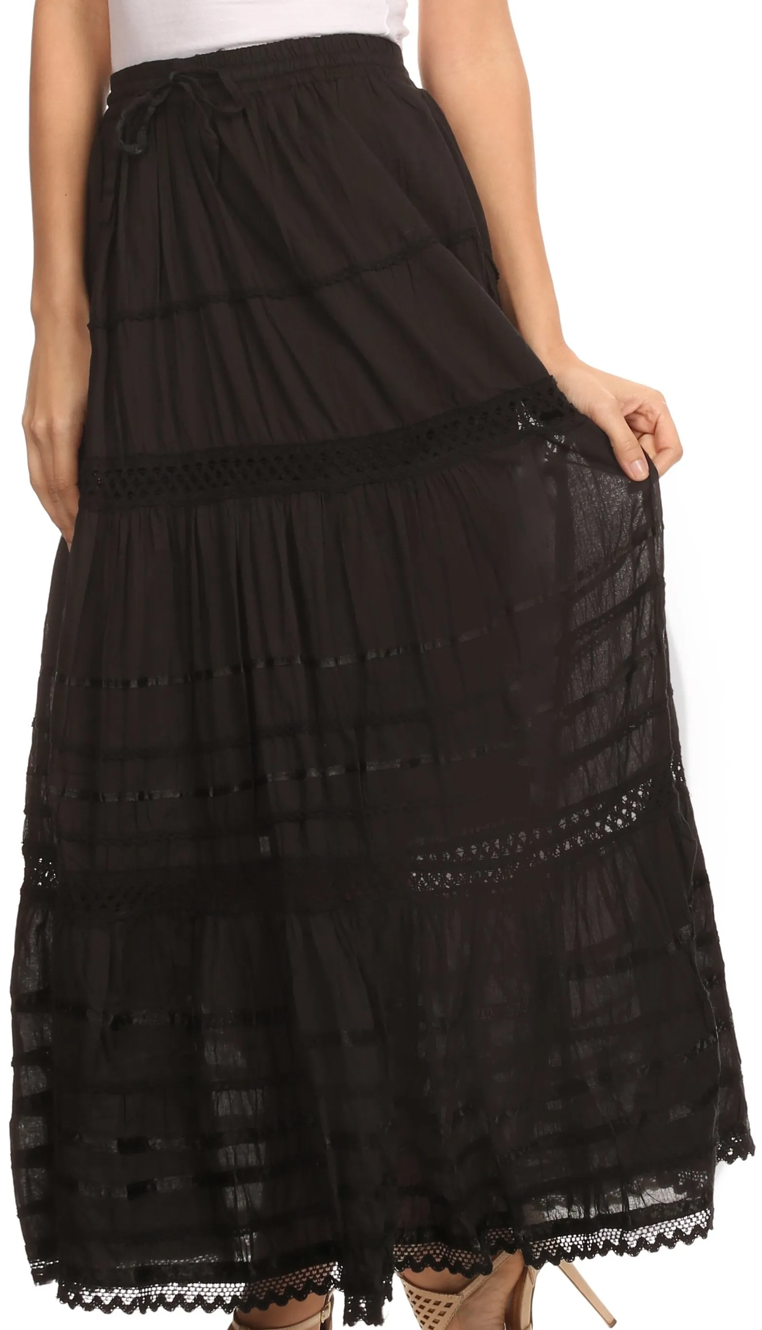 Sakkas 80123 - Gia Bohemian Adjustable Lace Embroidered Wide Lined Long Ethnic Skirt  - Black - OS