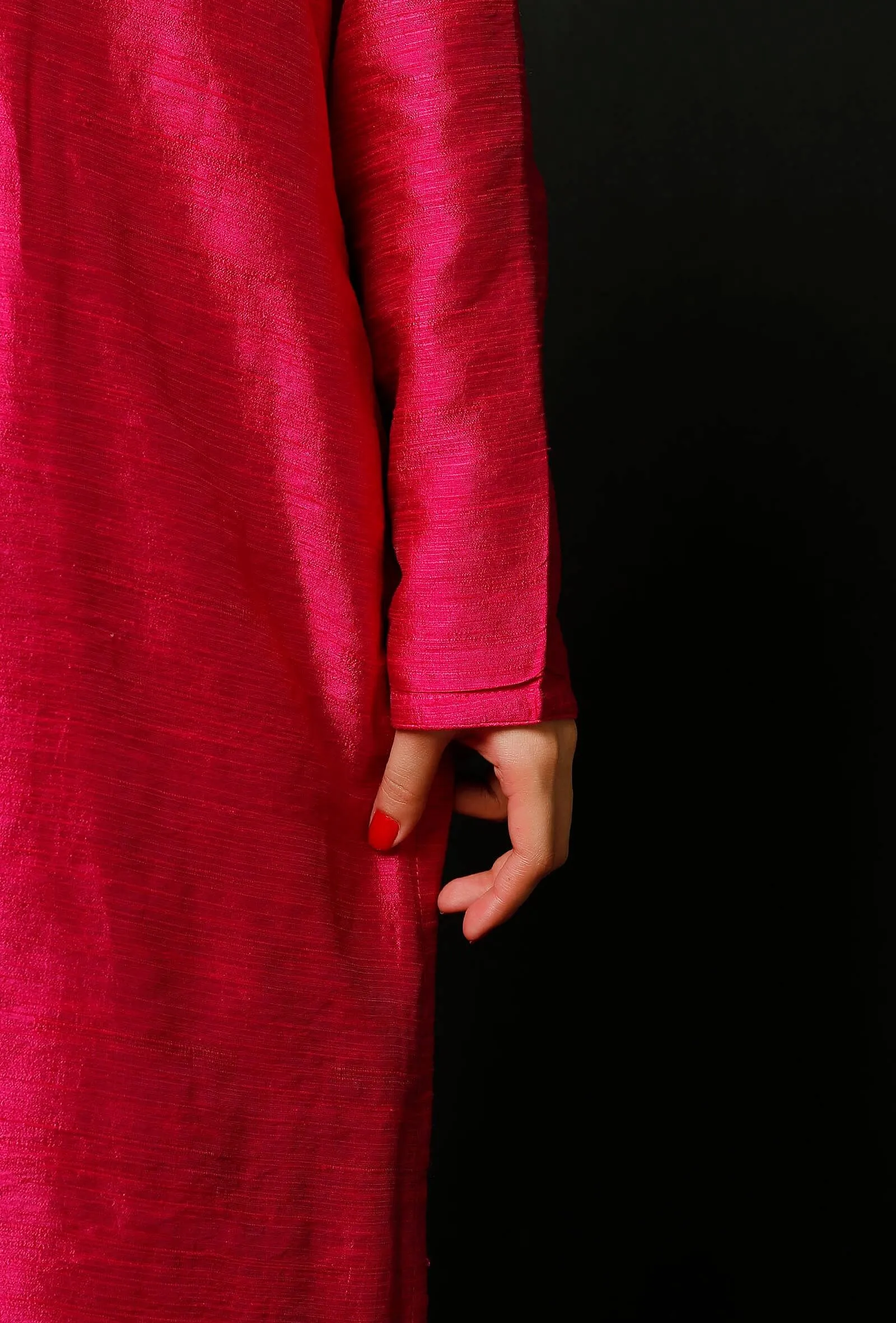 Set of 2 : Pink Raw Silk Kurta and Pink Silk Pants