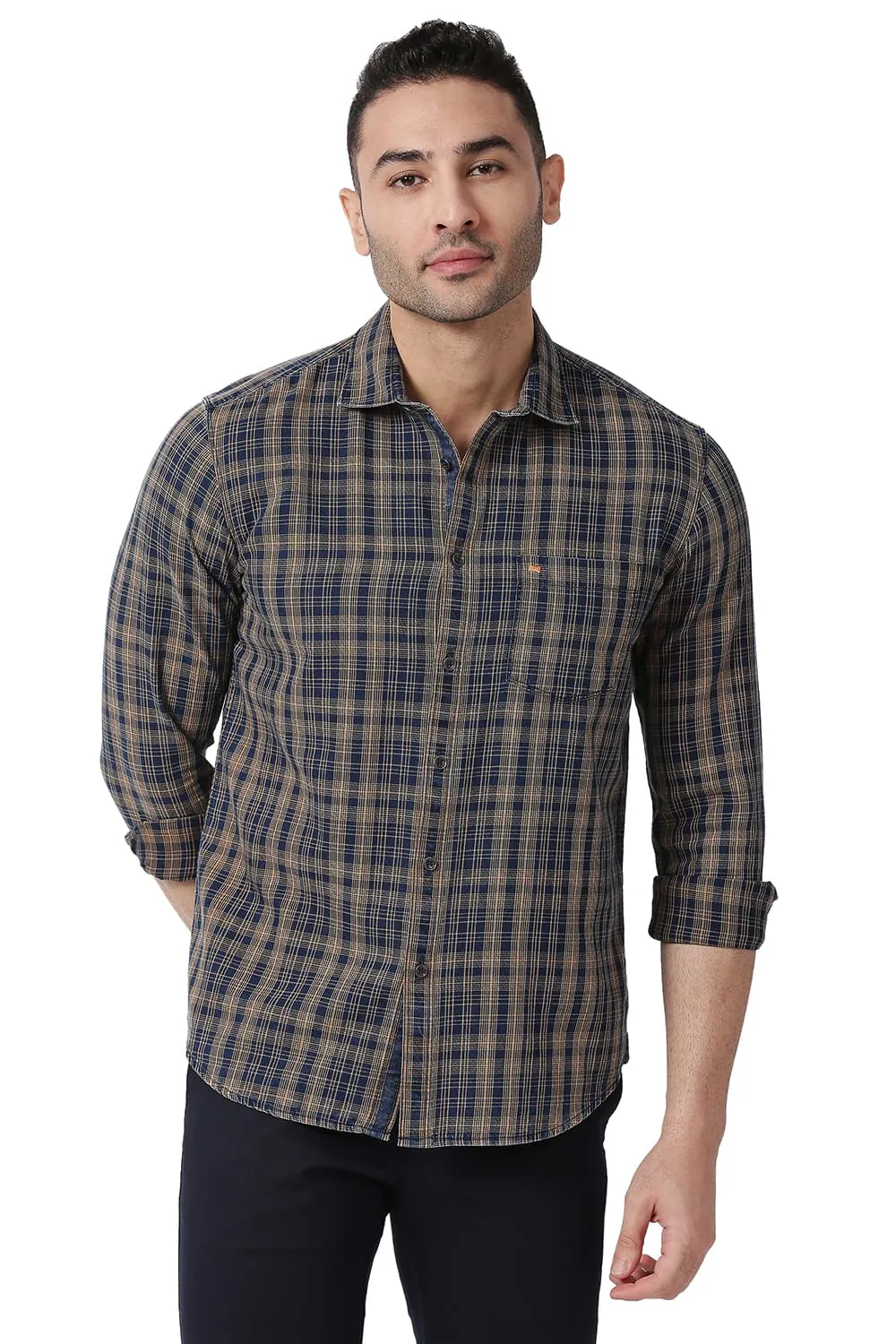 Slim Fit Cotton Indigo Checks Shirt