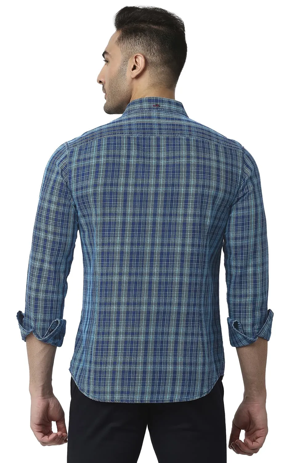 Slim Fit Cotton Indigo Checks Shirt