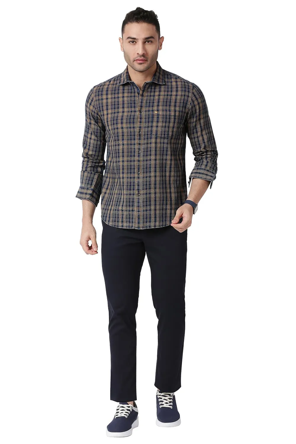 Slim Fit Cotton Indigo Checks Shirt