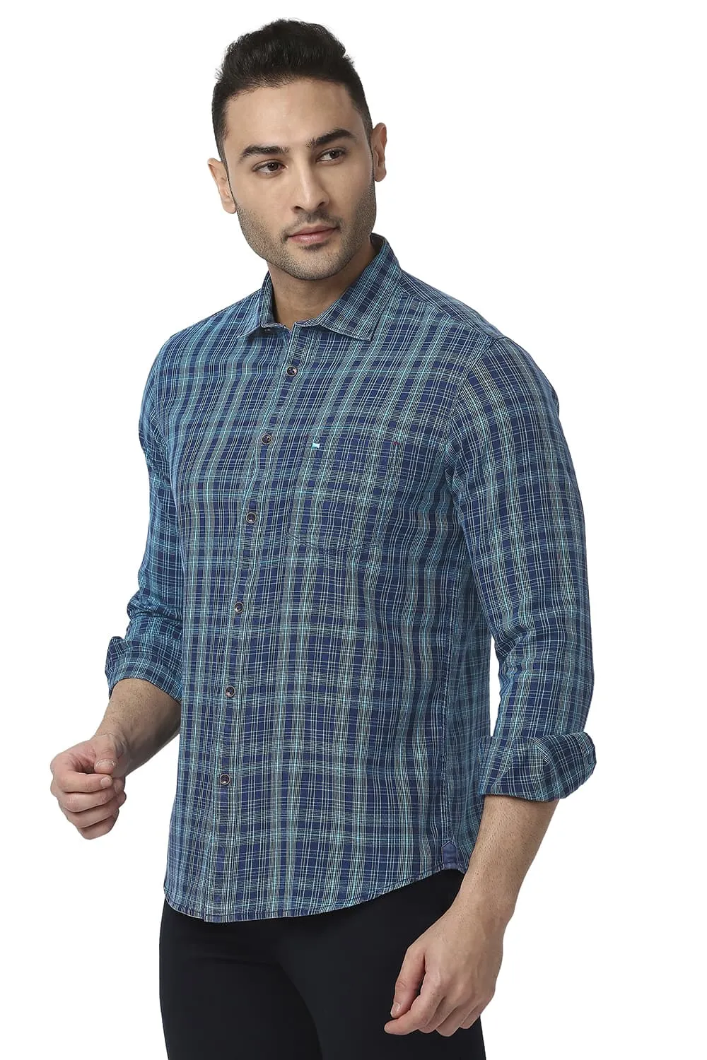 Slim Fit Cotton Indigo Checks Shirt