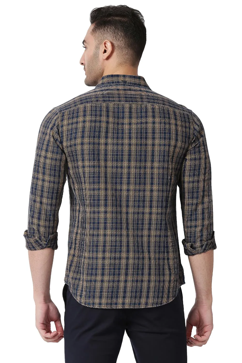 Slim Fit Cotton Indigo Checks Shirt