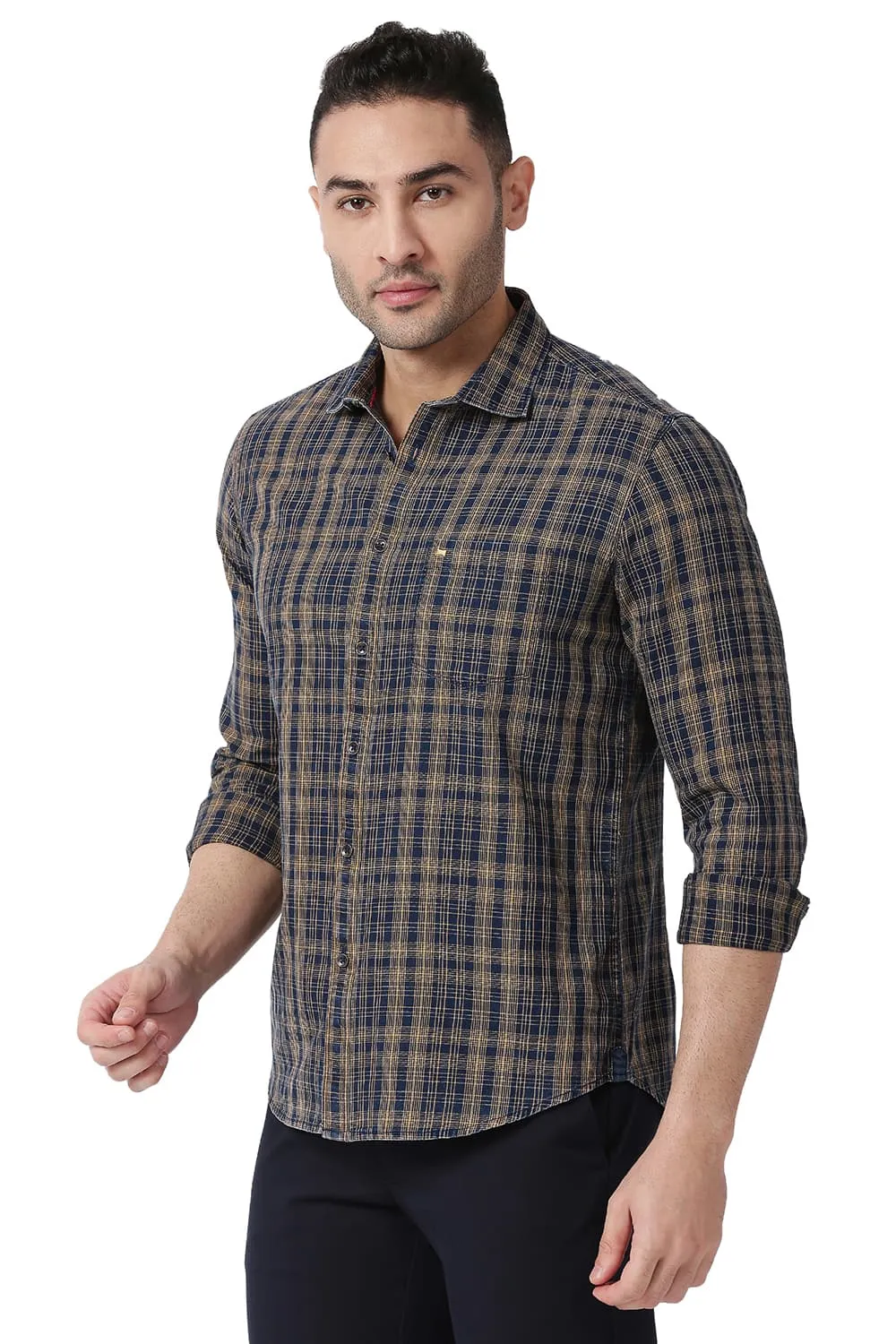 Slim Fit Cotton Indigo Checks Shirt