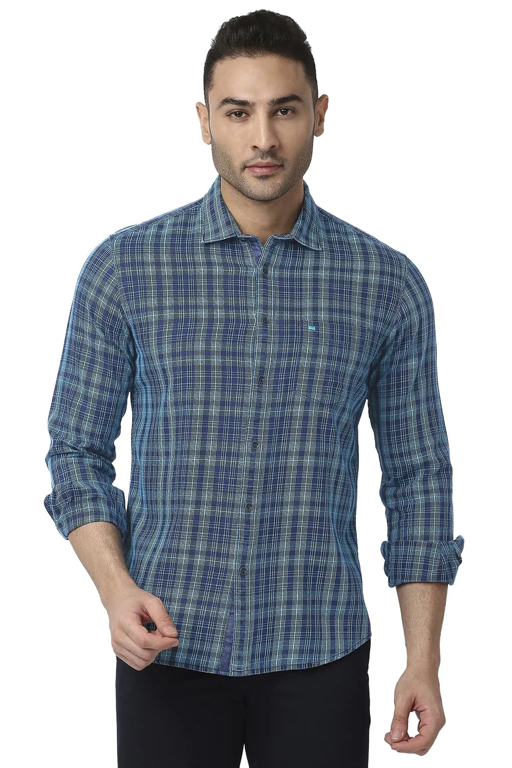 Slim Fit Cotton Indigo Checks Shirt