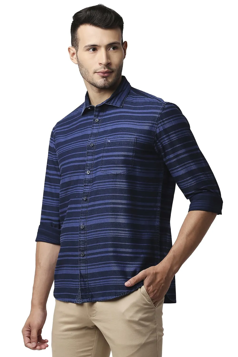 Slim Fit Indigo Weft Stripe Shirt