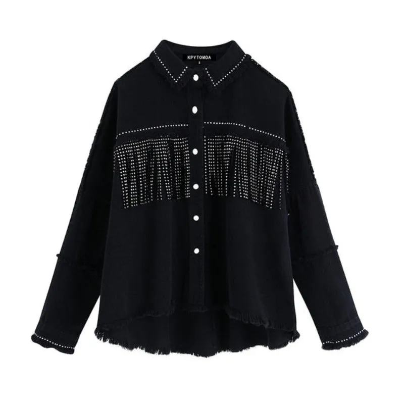 Stylish Fringe Beaded Loose Denim Jacket Long Sleeve Frayed Trim Outerwear