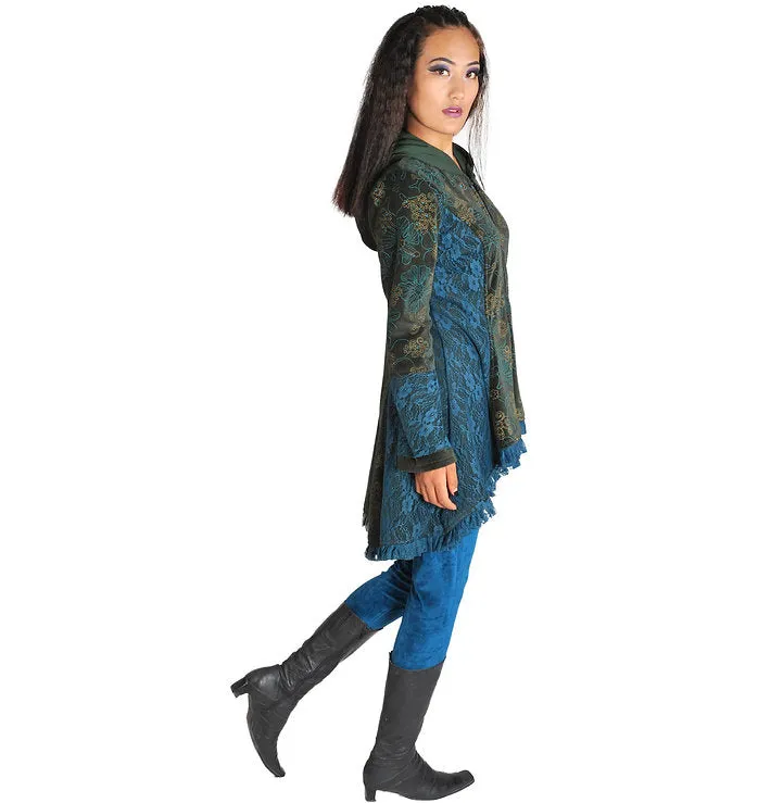 Velvet and Lace Tunic Length Victorian Jacket with Hood