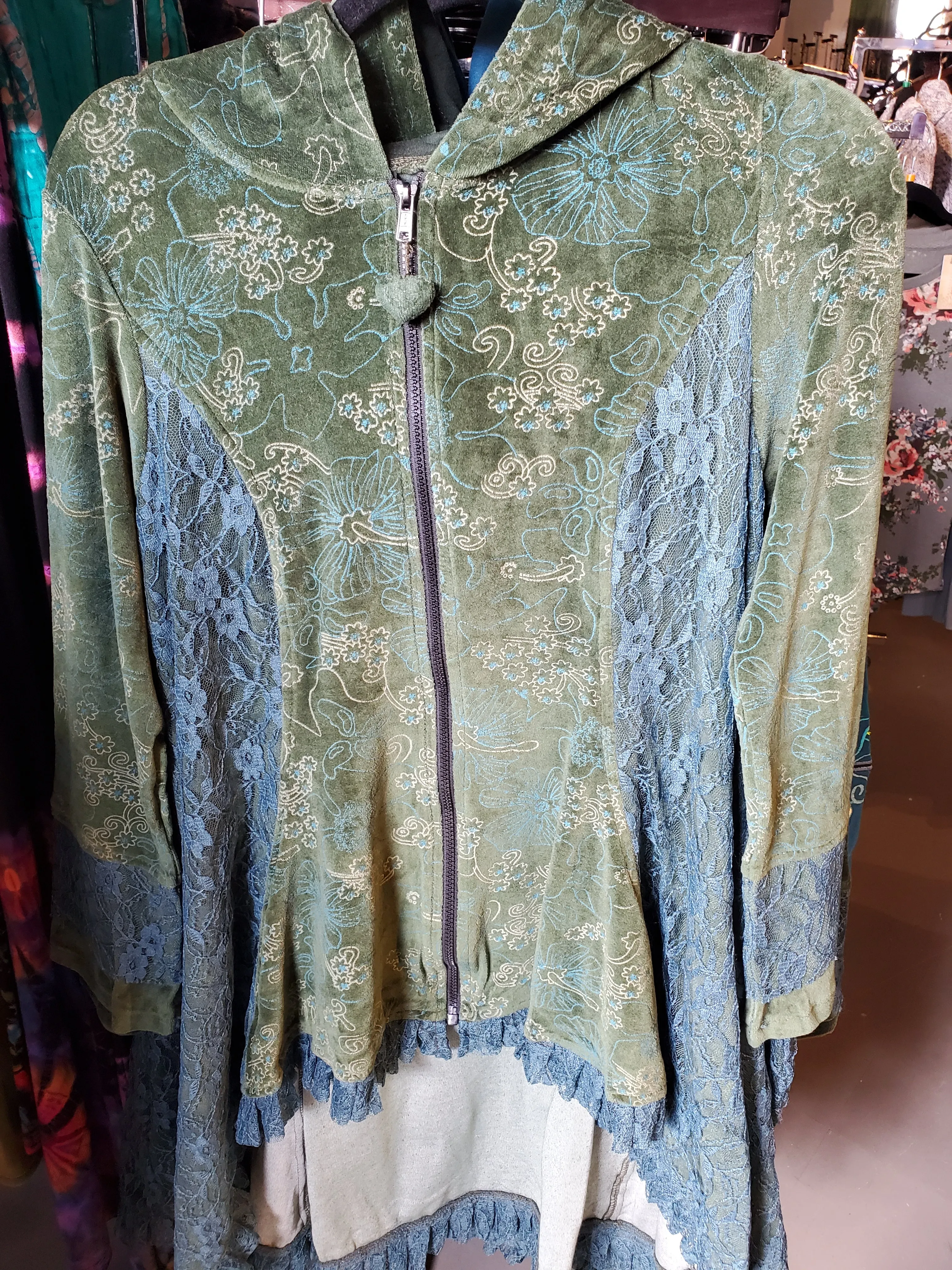 Velvet and Lace Tunic Length Victorian Jacket with Hood