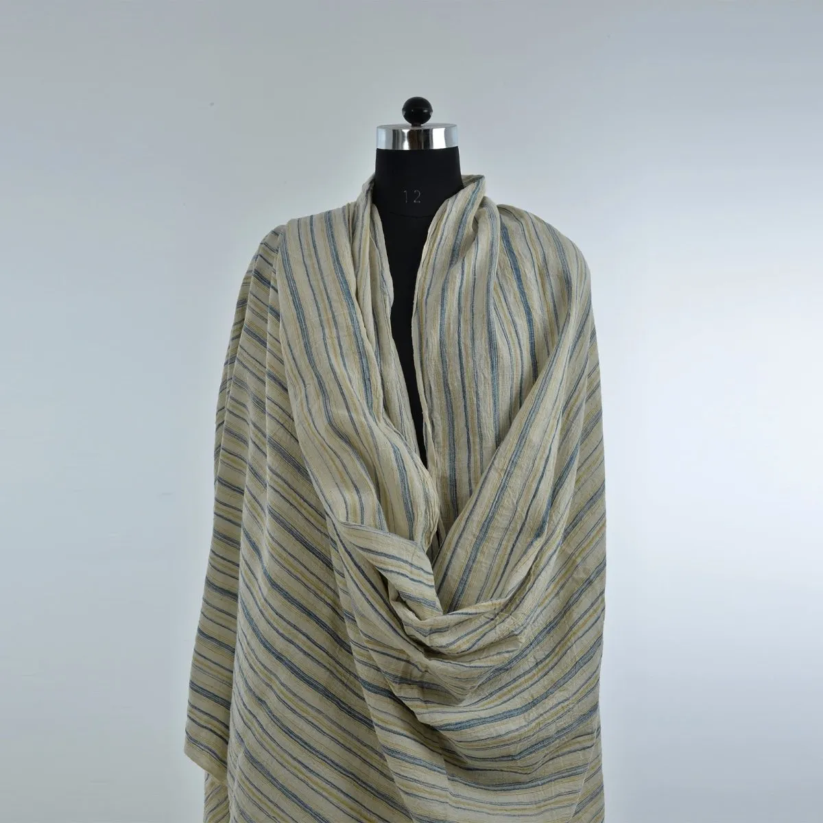 White with Indigo Stripes Handwoven Organic Cotton Fabric