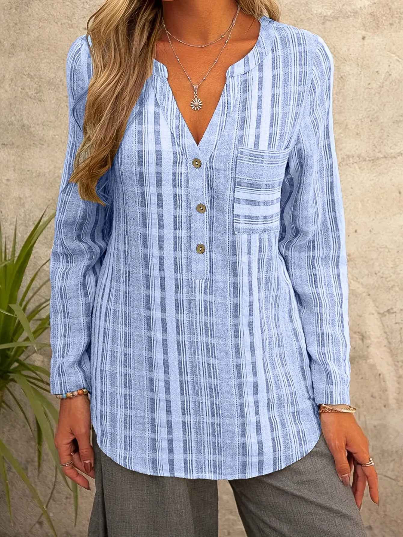 Womens Plus Size Striped Print Button Up Blouse