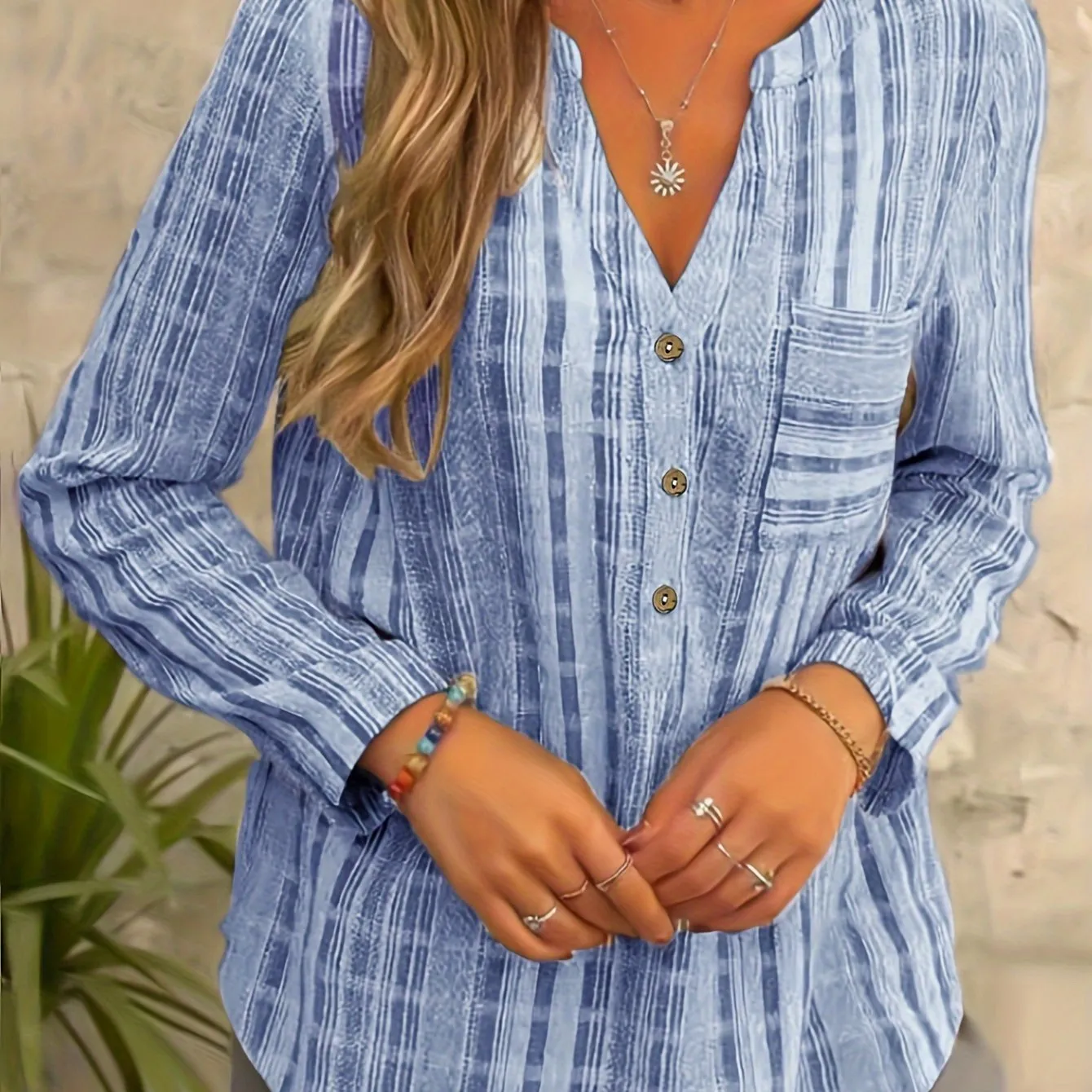 Womens Plus Size Striped Print Button Up Blouse